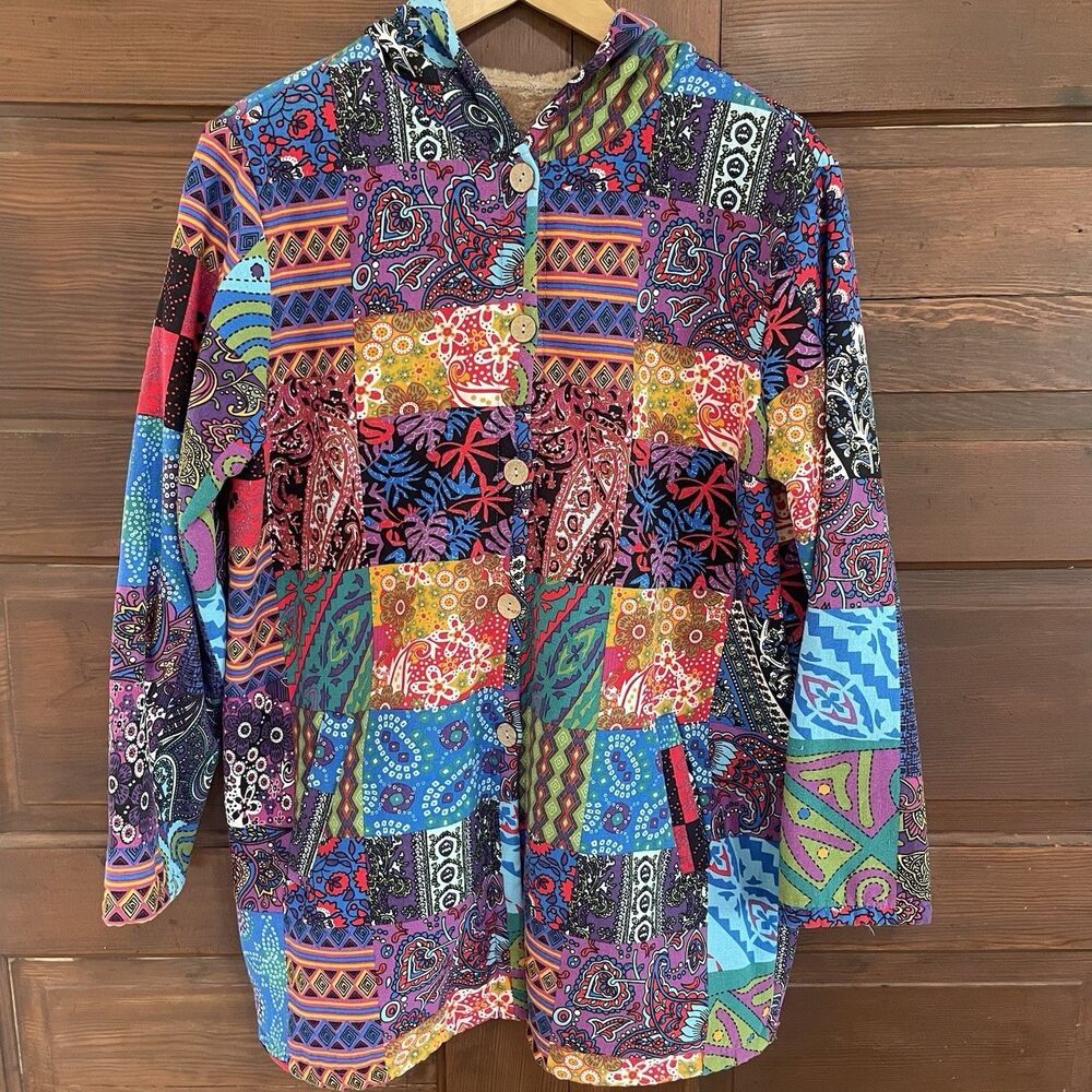 Handmade Patchwork Fleece Lined Long Coat Button Up Bright Colorful Wearable Art